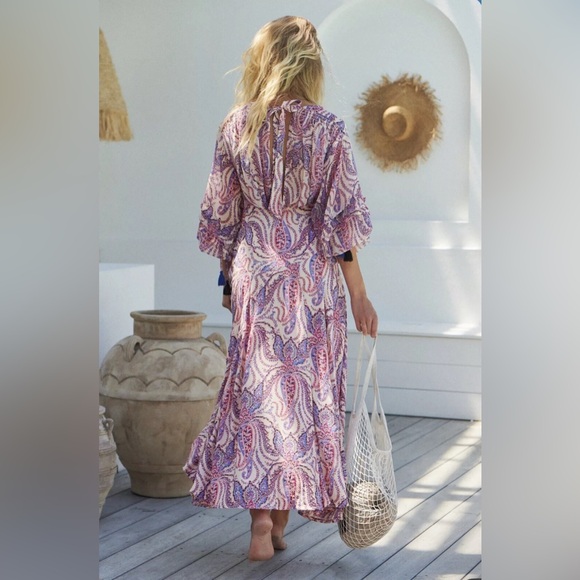 Free People l 12 Mirage Paisley Tassels Plunge V-Neck Boho Full Skirt Maxi Dress - Picture 8 of 11